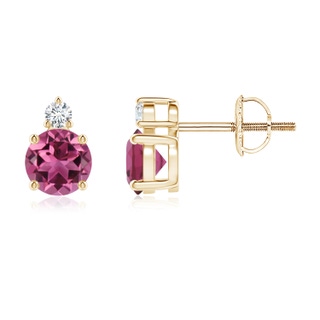 5mm AAAA Basket-Set Round Pink Tourmaline Stud Earrings with Diamond in Yellow Gold