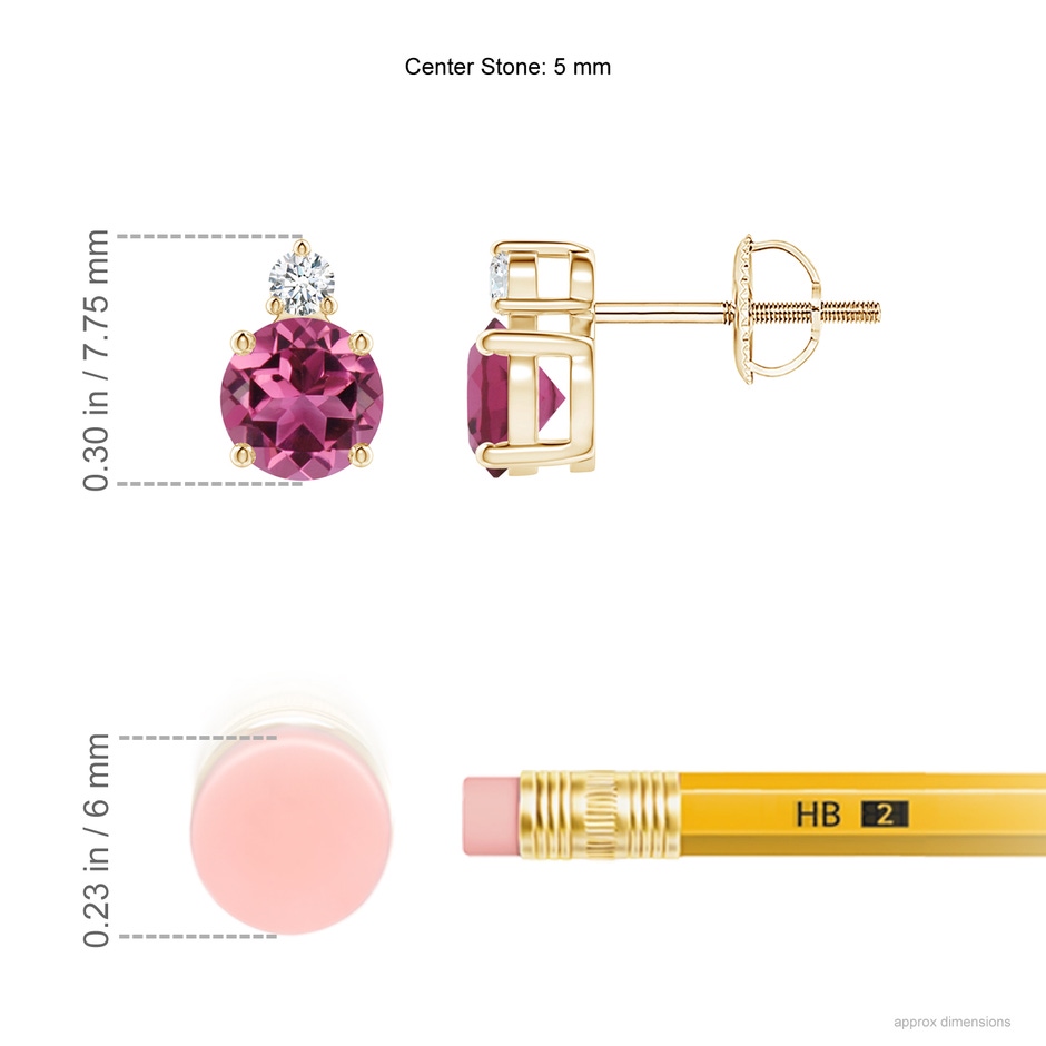 5mm AAAA Basket-Set Round Pink Tourmaline Stud Earrings with Diamond in Yellow Gold ruler