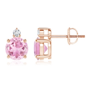 6mm A Basket-Set Round Pink Tourmaline Stud Earrings with Diamond in Rose Gold