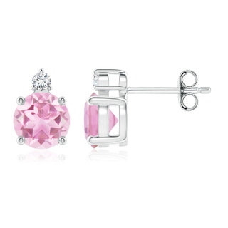 6mm A Basket-Set Round Pink Tourmaline Stud Earrings with Diamond in S999 Silver