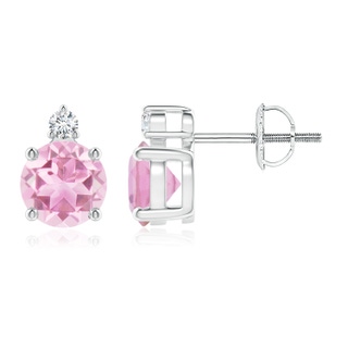 6mm A Basket-Set Round Pink Tourmaline Stud Earrings with Diamond in White Gold