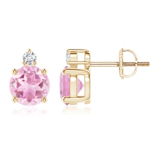 6mm A Basket-Set Round Pink Tourmaline Stud Earrings with Diamond in Yellow Gold