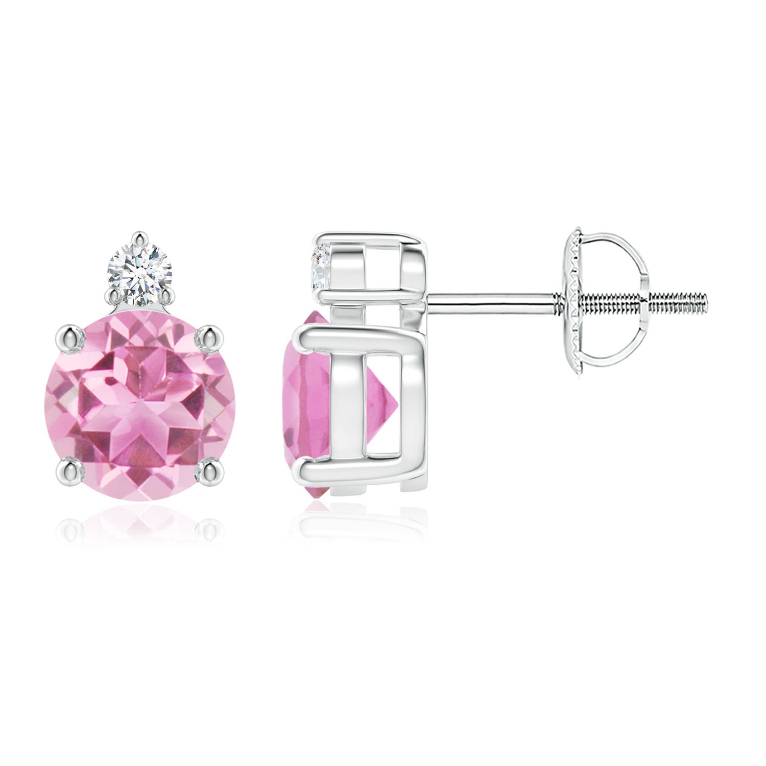 6mm AA Basket-Set Round Pink Tourmaline Stud Earrings with Diamond in P950 Platinum