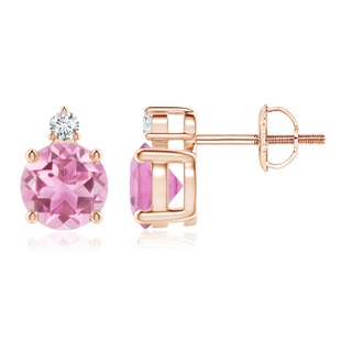 6mm AA Basket-Set Round Pink Tourmaline Stud Earrings with Diamond in Rose Gold