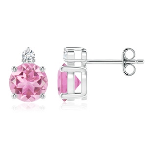 6mm AA Basket-Set Round Pink Tourmaline Stud Earrings with Diamond in S999 Silver