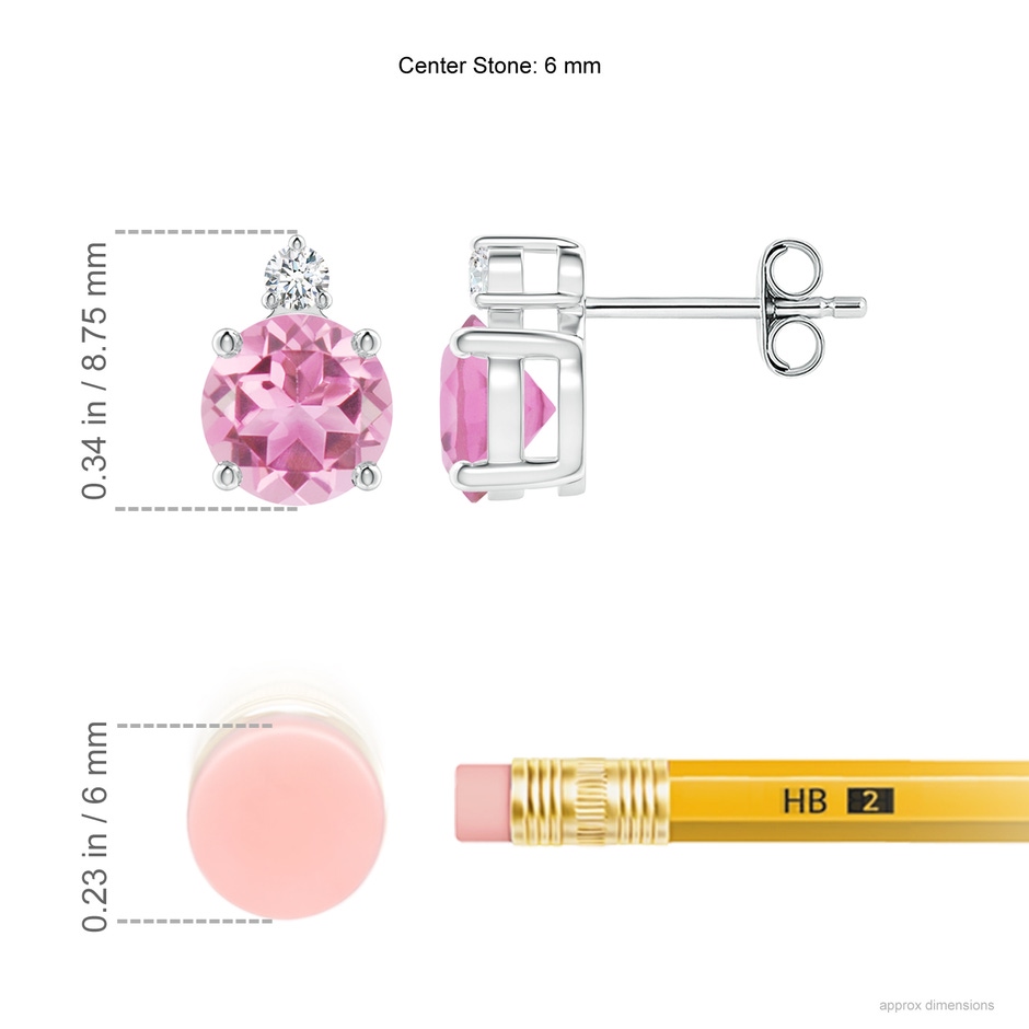 6mm AA Basket-Set Round Pink Tourmaline Stud Earrings with Diamond in S999 Silver ruler
