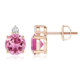 6mm AAA Basket-Set Round Pink Tourmaline Stud Earrings with Diamond in Rose Gold