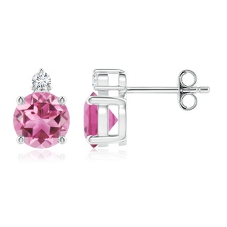 6mm AAA Basket-Set Round Pink Tourmaline Stud Earrings with Diamond in S999 Silver