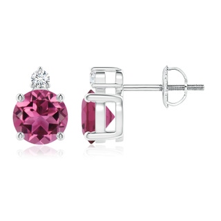 6mm AAAA Basket-Set Round Pink Tourmaline Stud Earrings with Diamond in P950 Platinum