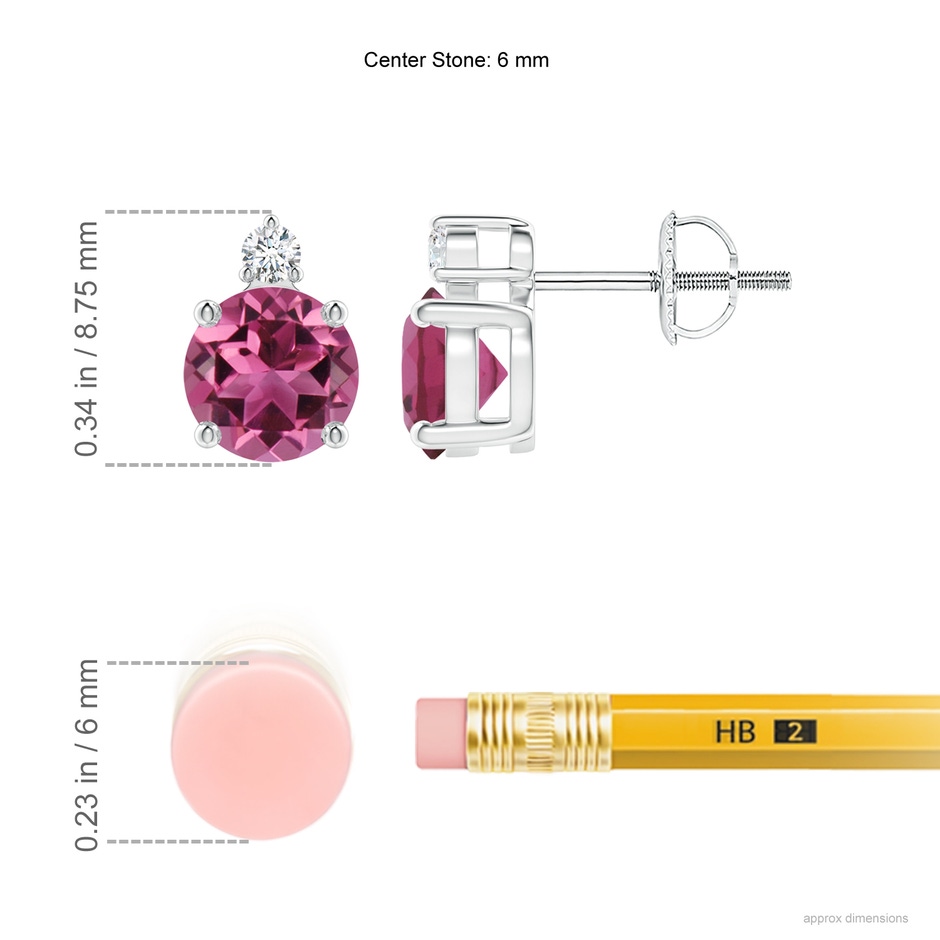 6mm AAAA Basket-Set Round Pink Tourmaline Stud Earrings with Diamond in P950 Platinum ruler