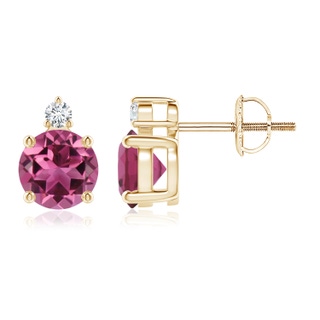 6mm AAAA Basket-Set Round Pink Tourmaline Stud Earrings with Diamond in Yellow Gold
