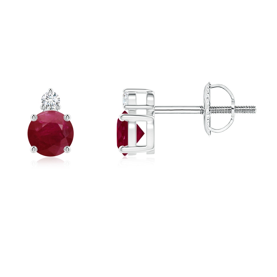 4mm A Basket-Set Round Ruby Stud Earrings with Diamond in 18K White Gold 