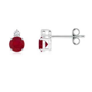 4mm AA Basket-Set Round Ruby Stud Earrings with Diamond in S999 Silver