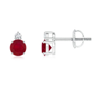 4mm AA Basket-Set Round Ruby Stud Earrings with Diamond in White Gold