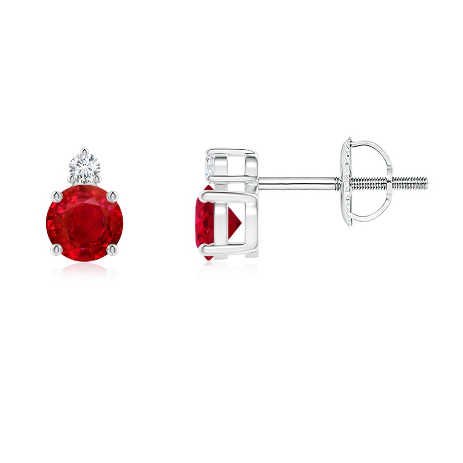 4mm AAA Basket-Set Round Ruby Stud Earrings with Diamond in 10K White Gold 