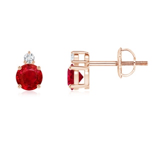 4mm AAA Basket-Set Round Ruby Stud Earrings with Diamond in Rose Gold