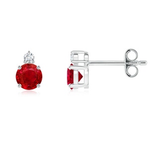 4mm AAA Basket-Set Round Ruby Stud Earrings with Diamond in S999 Silver