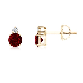 4mm AAAA Basket-Set Round Ruby Stud Earrings with Diamond in 9K Yellow Gold