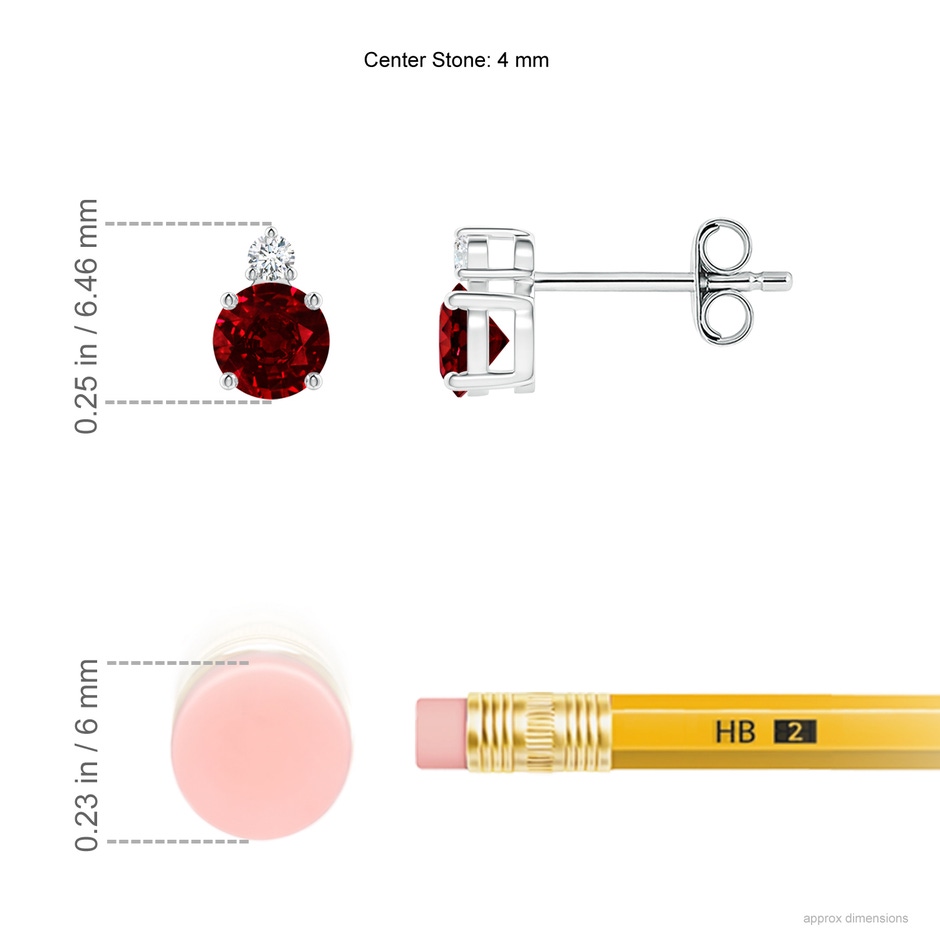 4mm AAAA Basket-Set Round Ruby Stud Earrings with Diamond in S999 Silver ruler