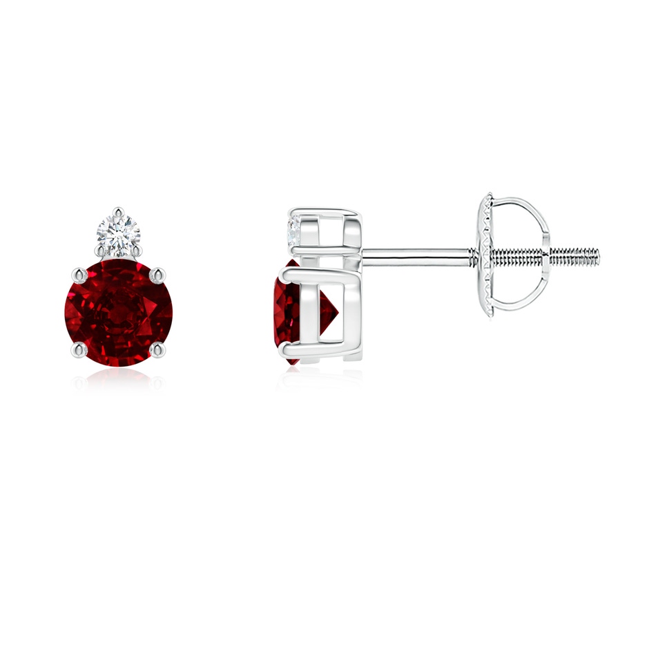 4mm AAAA Basket-Set Round Ruby Stud Earrings with Diamond in White Gold 