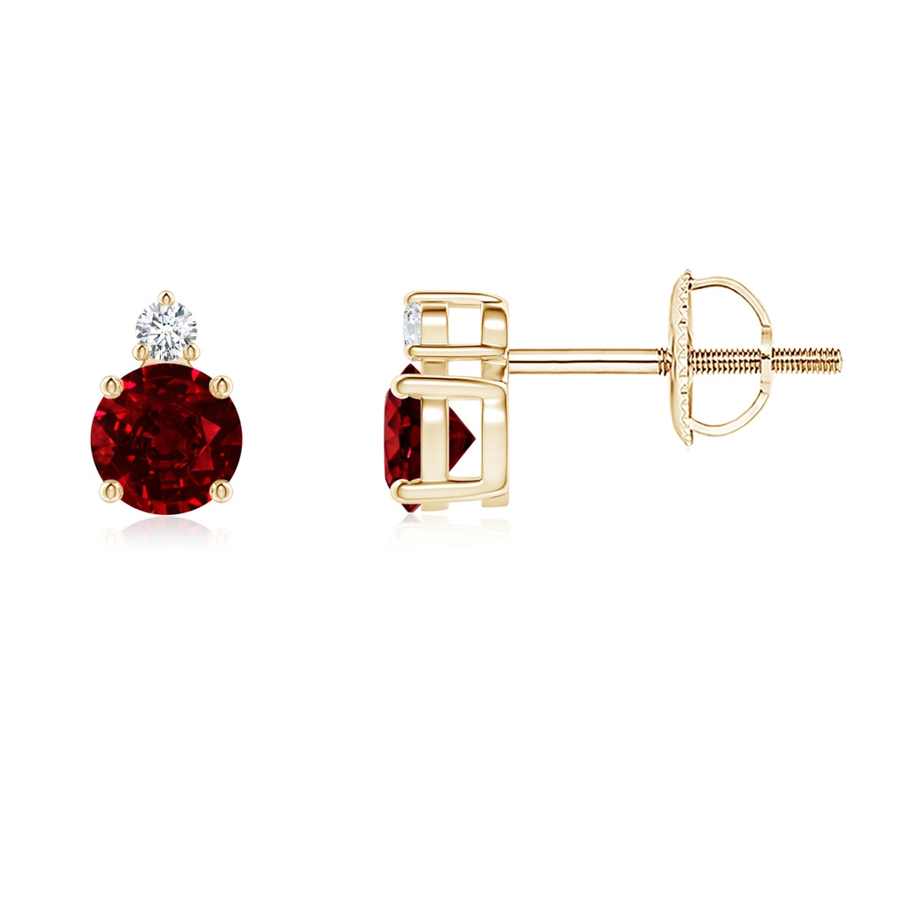 4mm AAAA Basket-Set Round Ruby Stud Earrings with Diamond in Yellow Gold