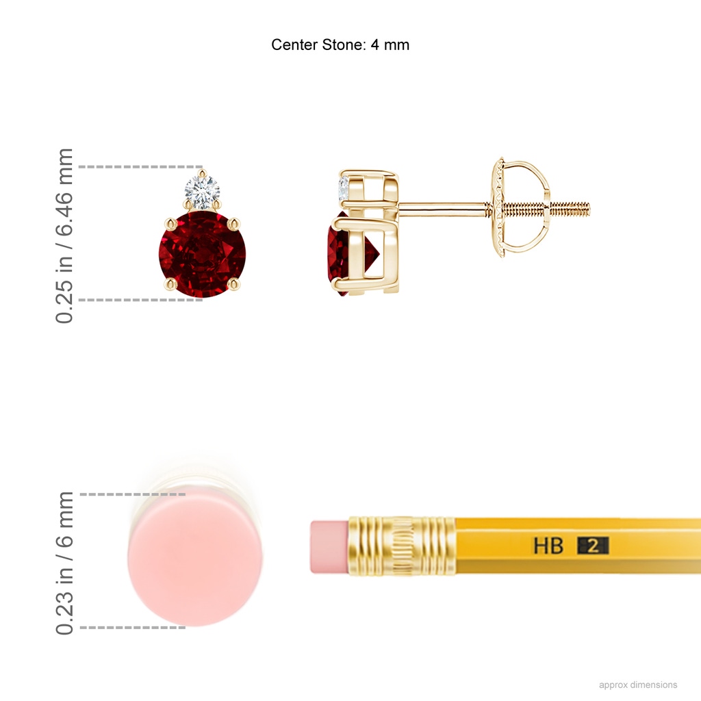 4mm AAAA Basket-Set Round Ruby Stud Earrings with Diamond in Yellow Gold Ruler