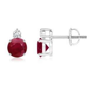 5mm A Basket-Set Round Ruby Stud Earrings with Diamond in P950 Platinum