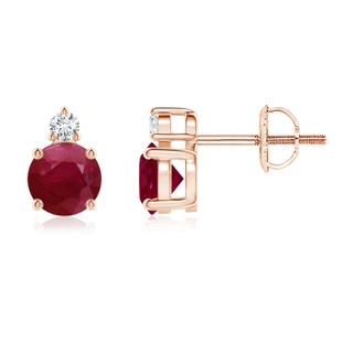 5mm A Basket-Set Round Ruby Stud Earrings with Diamond in Rose Gold