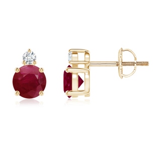 5mm A Basket-Set Round Ruby Stud Earrings with Diamond in Yellow Gold