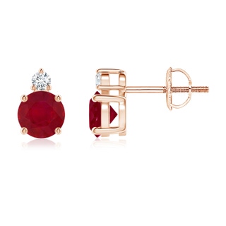 5mm AA Basket-Set Round Ruby Stud Earrings with Diamond in Rose Gold