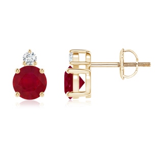 5mm AA Basket-Set Round Ruby Stud Earrings with Diamond in Yellow Gold