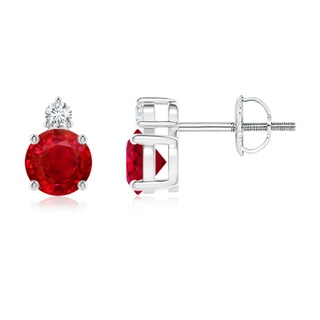 5mm AAA Basket-Set Round Ruby Stud Earrings with Diamond in P950 Platinum