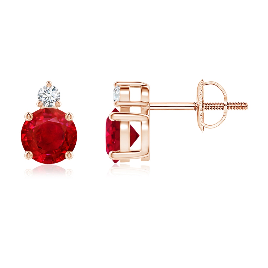 5mm AAA Basket-Set Round Ruby Stud Earrings with Diamond in Rose Gold 
