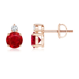 5mm AAA Basket-Set Round Ruby Stud Earrings with Diamond in Rose Gold