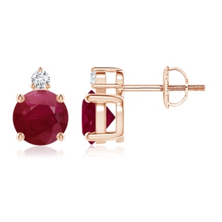 6mm A Basket-Set Round Ruby Stud Earrings with Diamond in Rose Gold