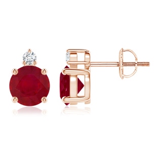 6mm AA Basket-Set Round Ruby Stud Earrings with Diamond in Rose Gold