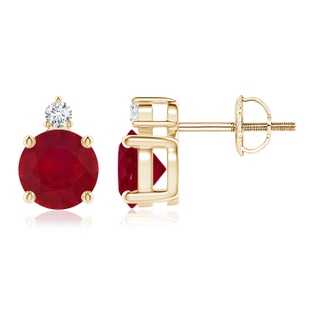 6mm AA Basket-Set Round Ruby Stud Earrings with Diamond in Yellow Gold