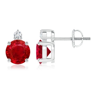 6mm AAA Basket-Set Round Ruby Stud Earrings with Diamond in P950 Platinum
