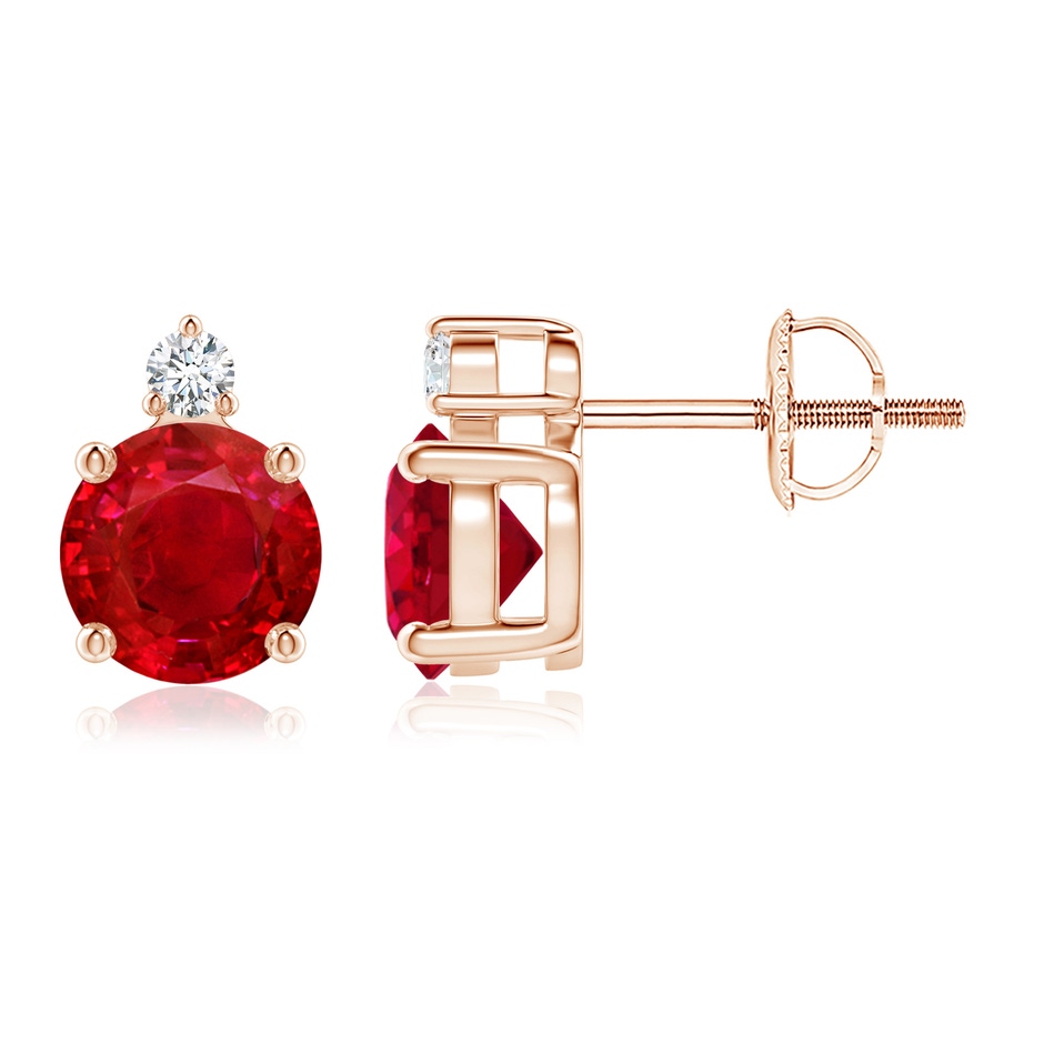 6mm AAA Basket-Set Round Ruby Stud Earrings with Diamond in Rose Gold 