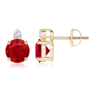 6mm AAA Basket-Set Round Ruby Stud Earrings with Diamond in Yellow Gold