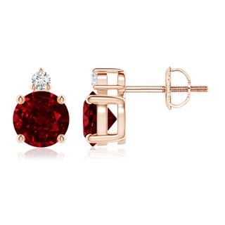 6mm AAAA Basket-Set Round Ruby Stud Earrings with Diamond in Rose Gold