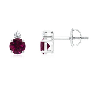 4mm AAA Basket-Set Round Rhodolite Stud Earrings with Diamond in White Gold