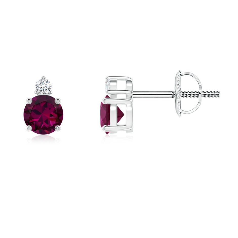 4mm AAAA Basket-Set Round Rhodolite Stud Earrings with Diamond in P950 Platinum 
