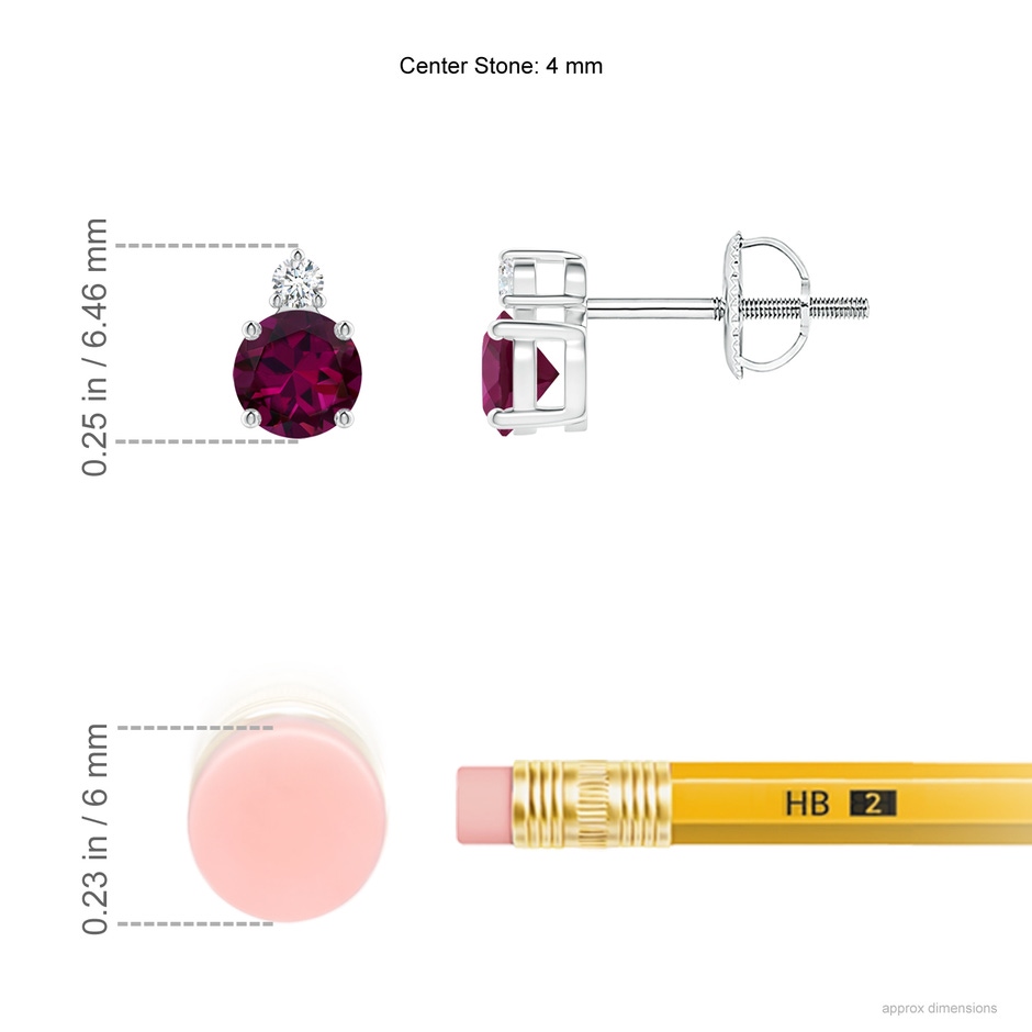 4mm AAAA Basket-Set Round Rhodolite Stud Earrings with Diamond in P950 Platinum ruler