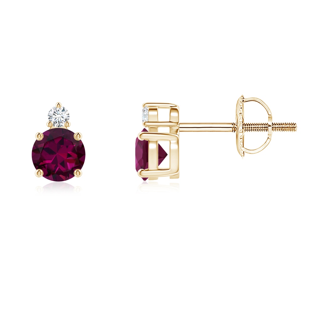 4mm AAAA Basket-Set Round Rhodolite Stud Earrings with Diamond in Yellow Gold