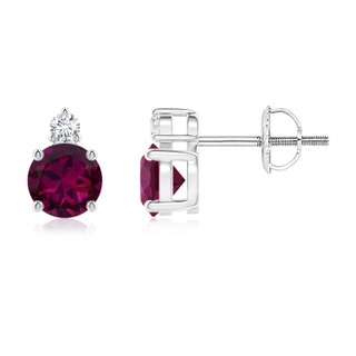 5mm AAAA Basket-Set Round Rhodolite Stud Earrings with Diamond in P950 Platinum