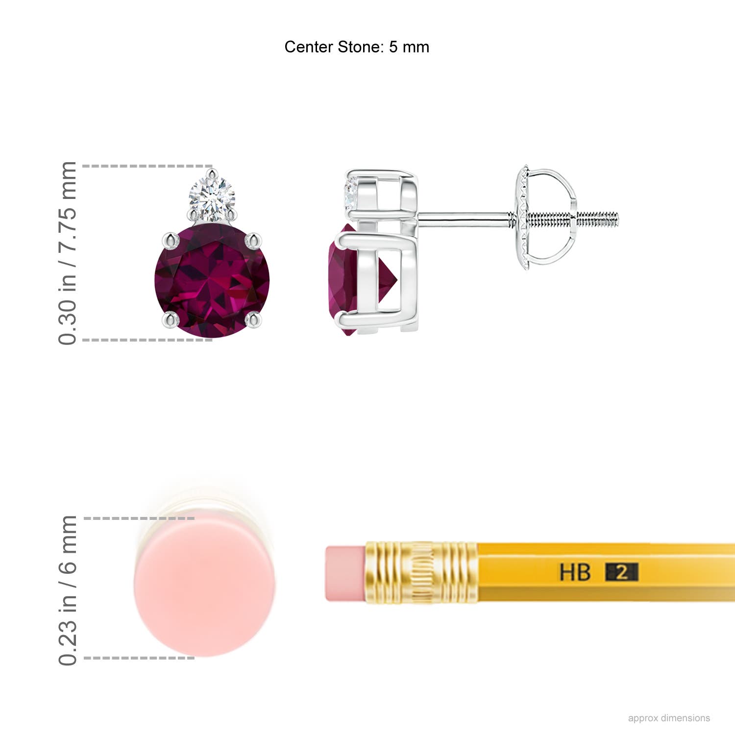 5mm AAAA Basket-Set Round Rhodolite Stud Earrings with Diamond in P950 Platinum - ruler