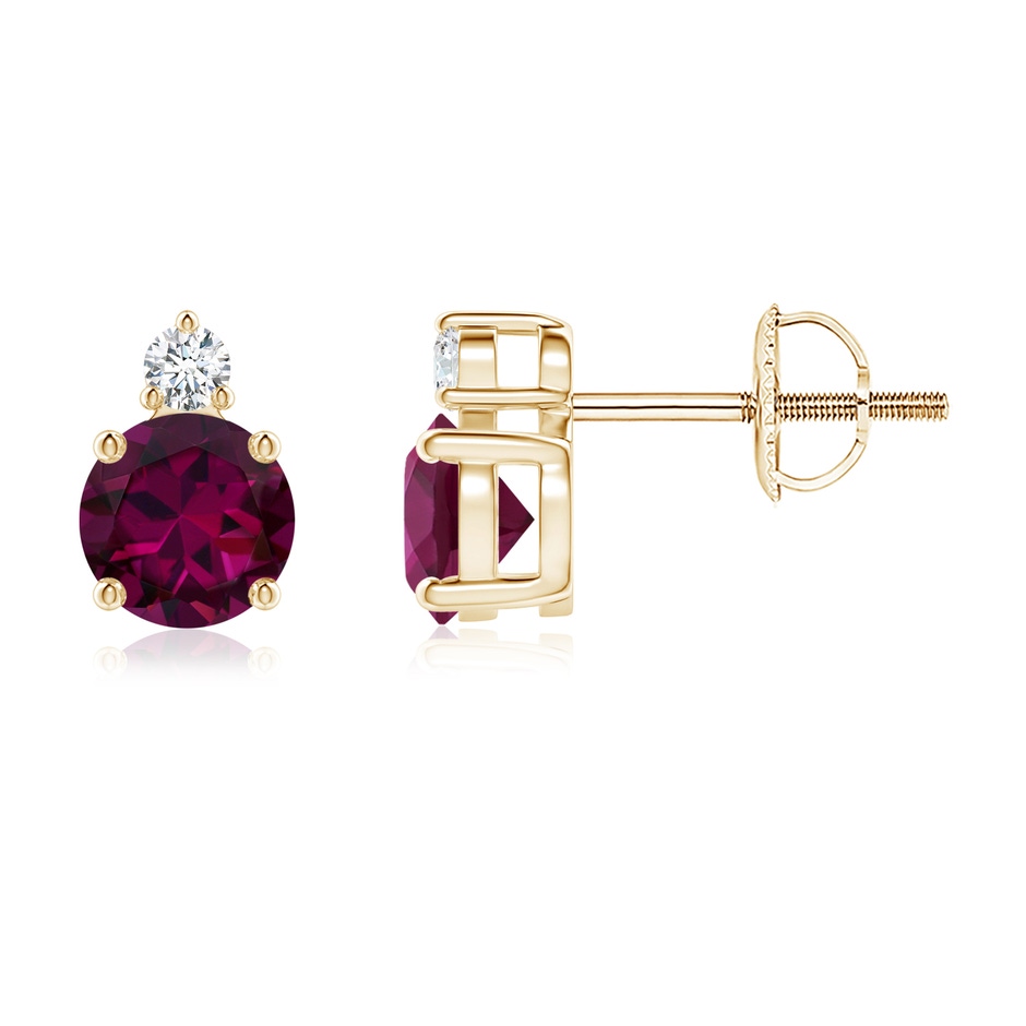 5mm AAAA Basket-Set Round Rhodolite Stud Earrings with Diamond in Yellow Gold 