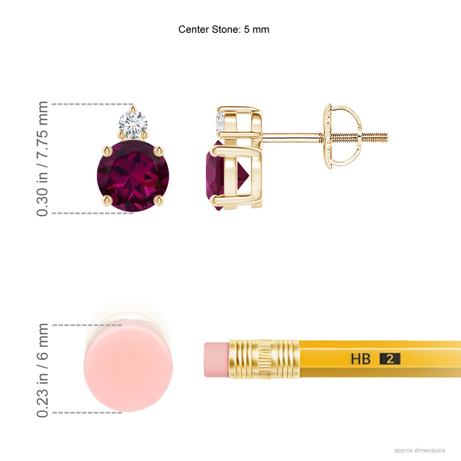 5mm AAAA Basket-Set Round Rhodolite Stud Earrings with Diamond in Yellow Gold ruler