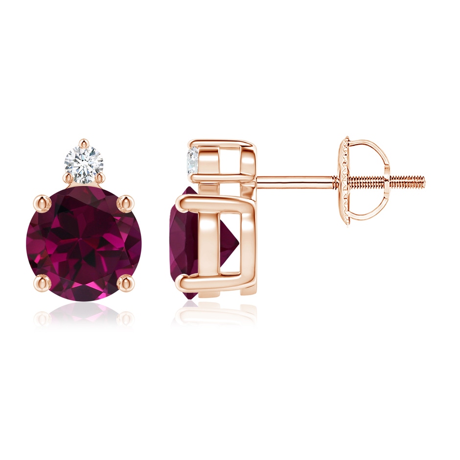 6mm AAA Basket-Set Round Rhodolite Stud Earrings with Diamond in Rose Gold 
